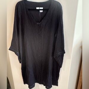 ROMAN'S size 1X Black Cotton Cover-Up Kaftan Sequined Flair Sleeve NEW $89